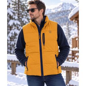 Bass Outdoor Men’s Kilted Glacier Puffer Vest Large Mustard Yellow Navy